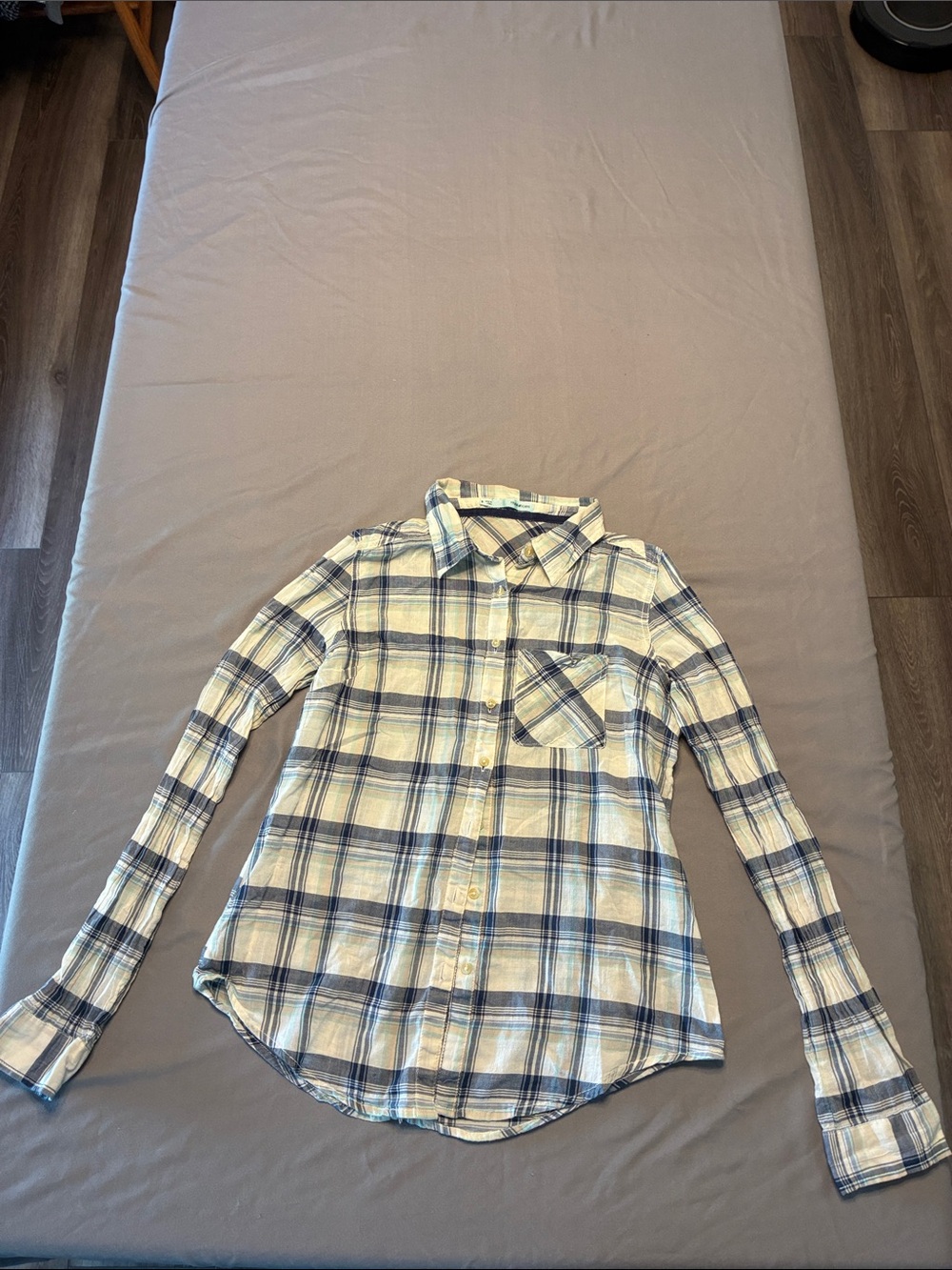 Maurices Cream and Blue Plaid Button-Down Shirt